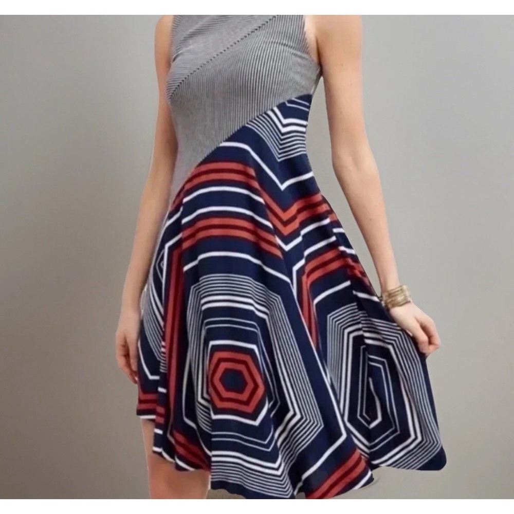 Maeve Cameron Asymmetric Dress Size XS Blue Striped Geometric Anthropologie